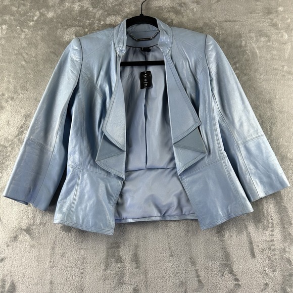 White House Black Market Jackets & Blazers - White House Black Market Leather Jacket Women's XXS Blue Cascading Lapel 3/4 NEW